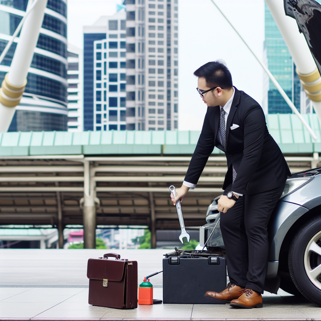A busy professional maintaining a vehicle