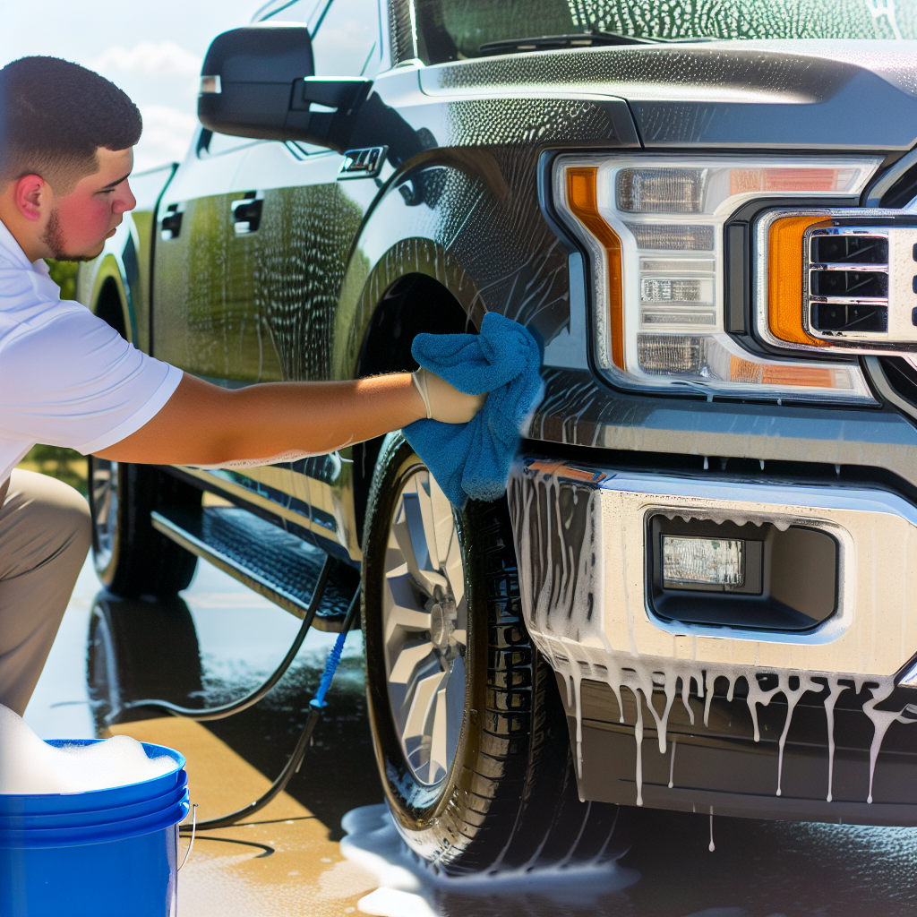 A Ford truck being hand washed by a professional