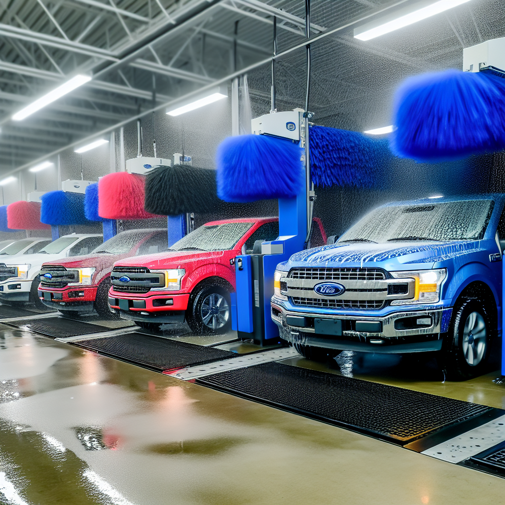 Ford trucks in a car wash setting