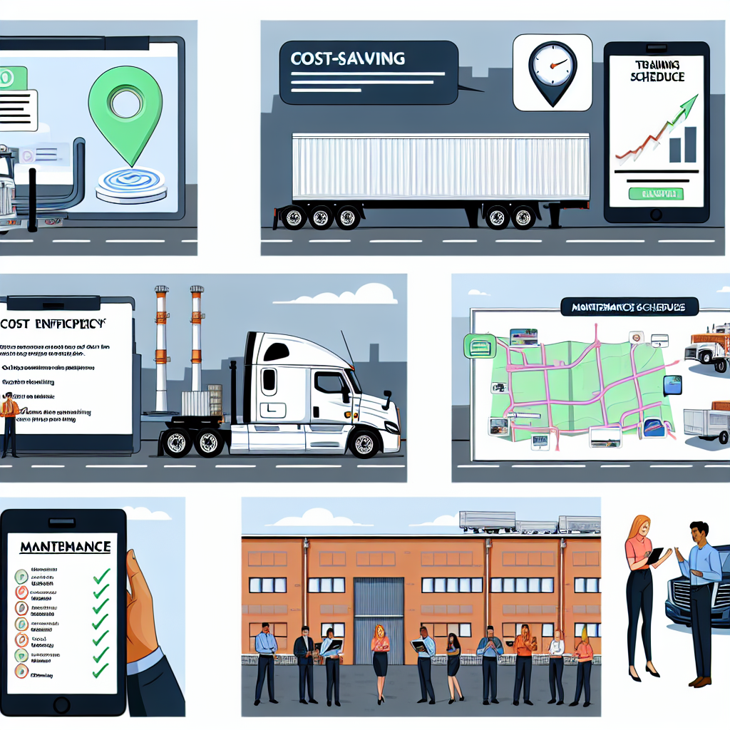 A visual illustration depicting various cost-saving measures for trucking companies, showcasing elements such as fuel efficiency, optimal routing, maintenance schedules, and driver training techniques.