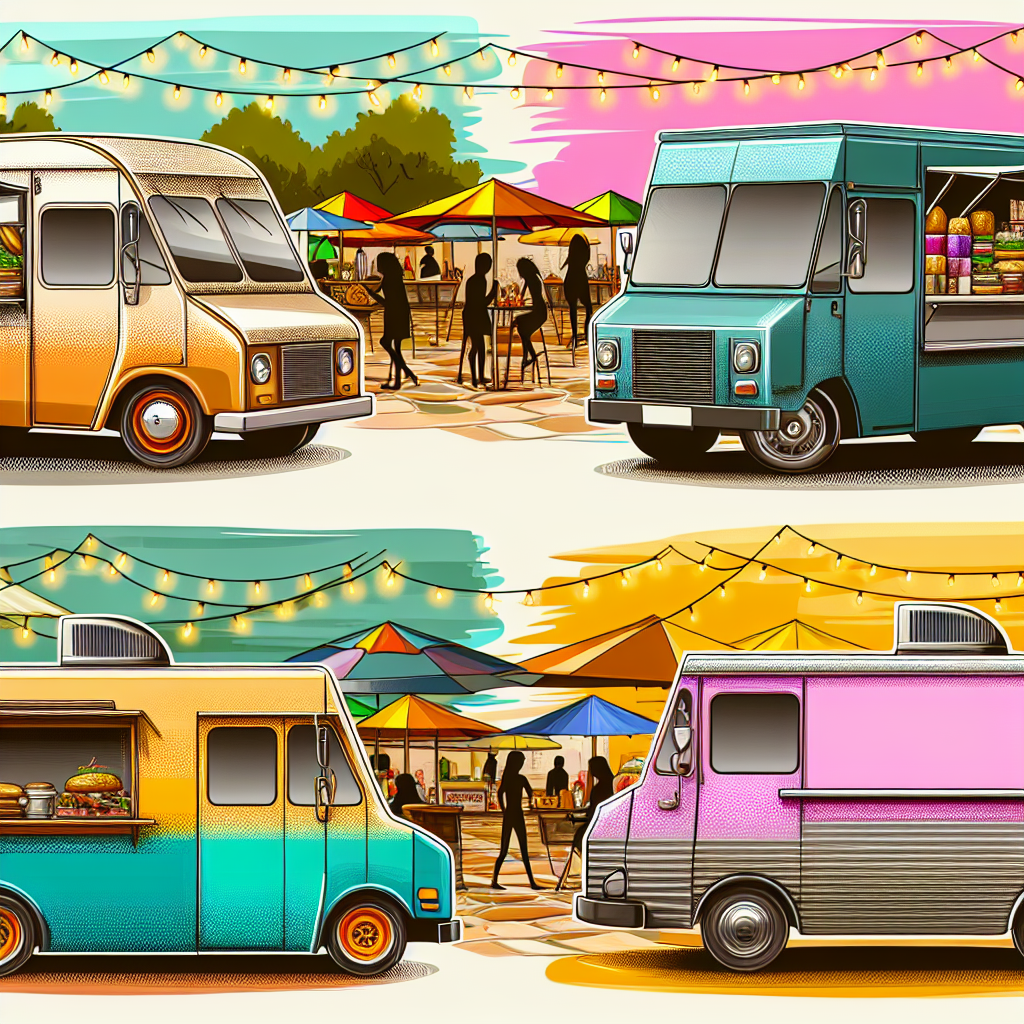 An illustration showcasing various food truck models including a classic retro truck, a modern sleek design, a robust step van, and a compact trailer, set against a vibrant street food background.
