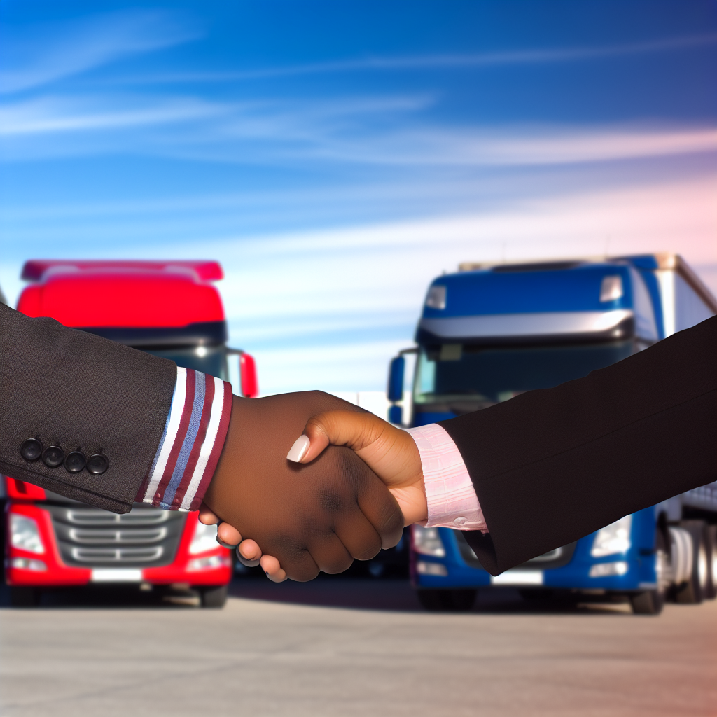 A simple image representing partnership in the trucking industry, illustrating two trucks side-by-side and a handshake