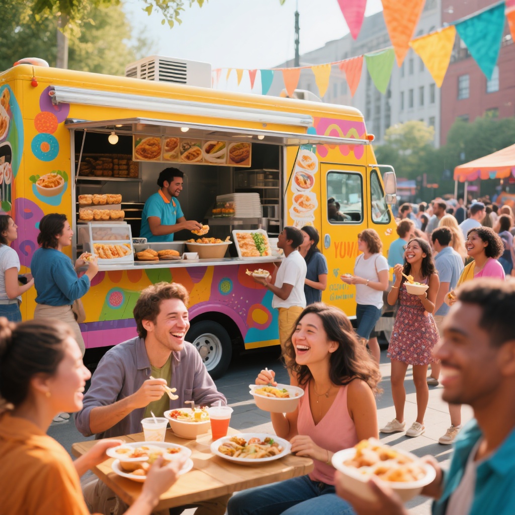 A vibrant food truck scene with happy customers enjoying their meals.