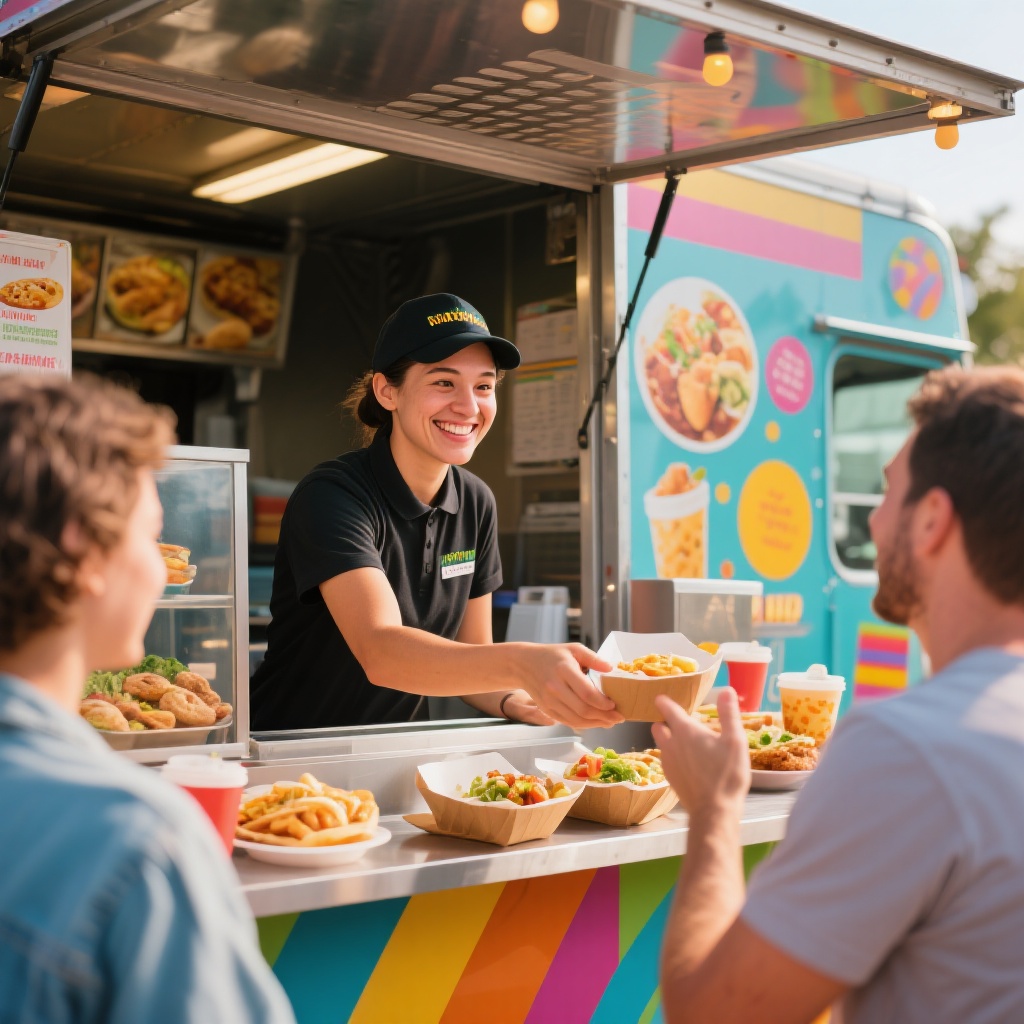 A friendly customer service interaction at a food truck.