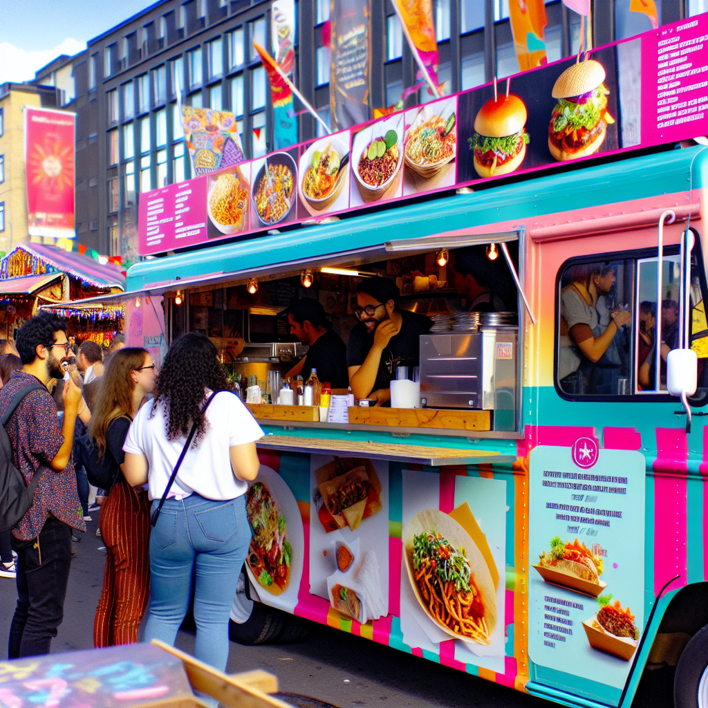 An inspiring and vibrant food truck at a bustling street fair showcasing diverse menu options.
