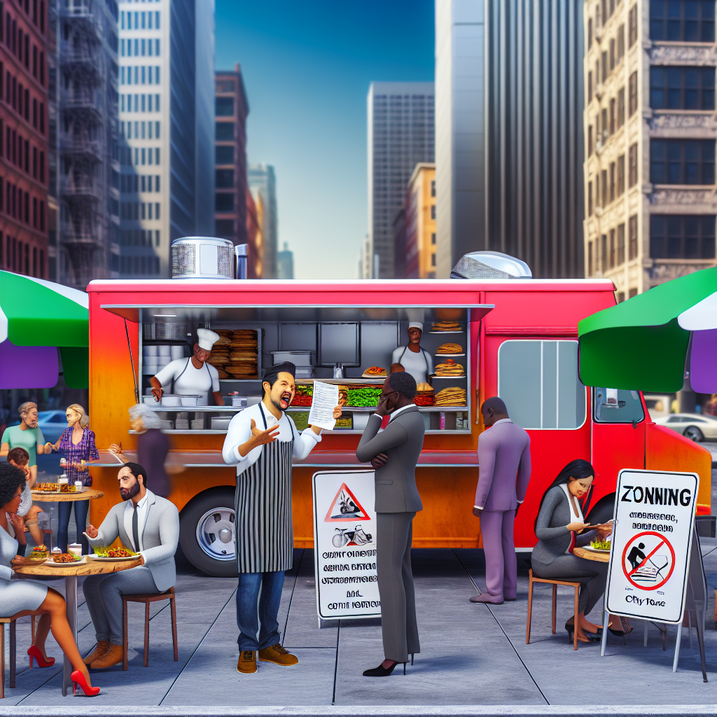 A visual representation of food truck challenges including zoning laws and inspections in an urban setting with a food truck and city officials.