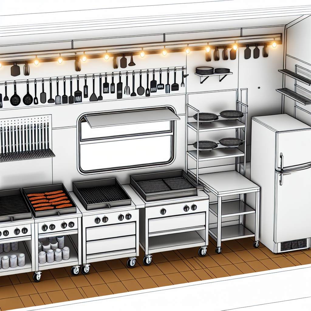 Essential food truck equipment including grills and fryers arranged visually