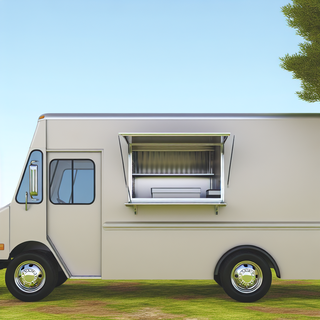 A food truck step van parked in a casual outdoor setting with an open serving window.