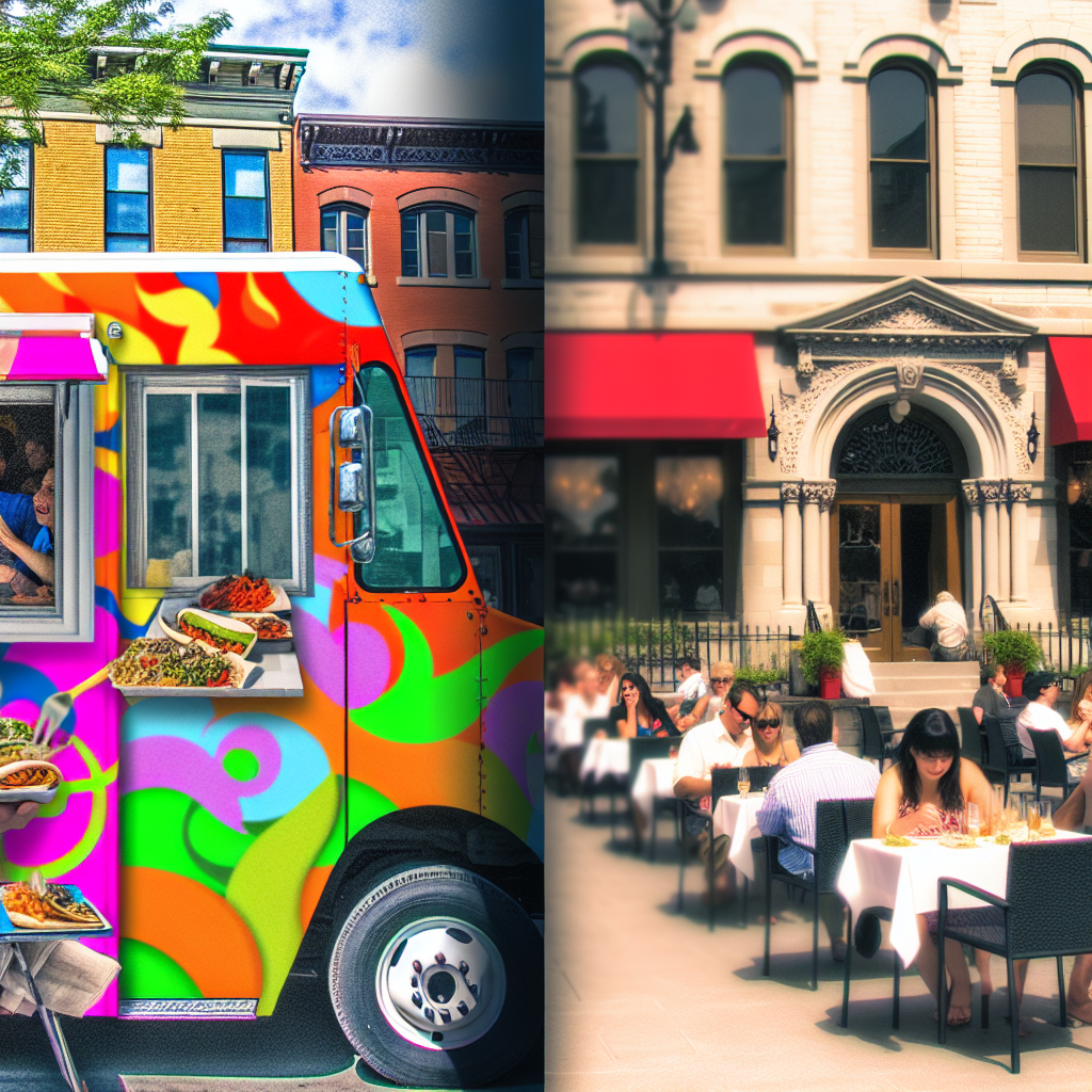 Comparison of a vibrant food truck and a traditional restaurant