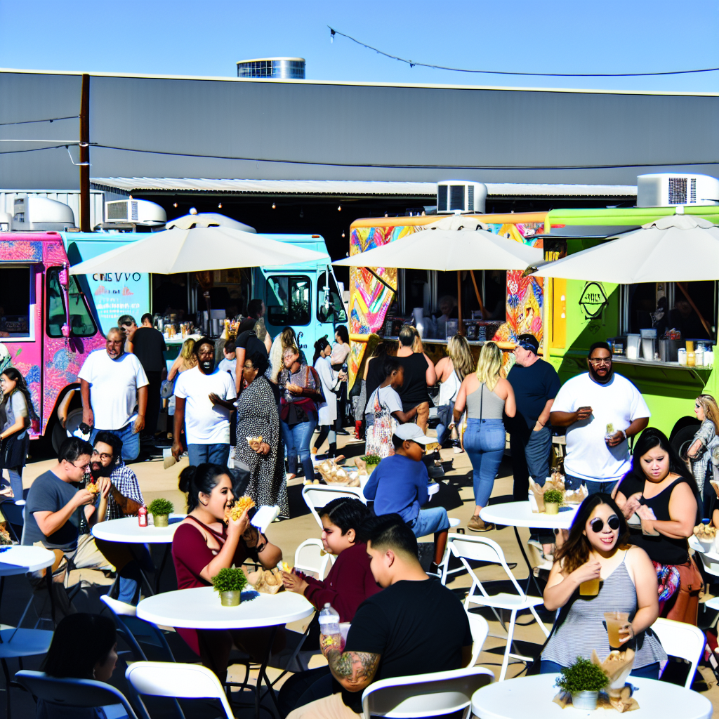 Various food truck models in a vibrant market