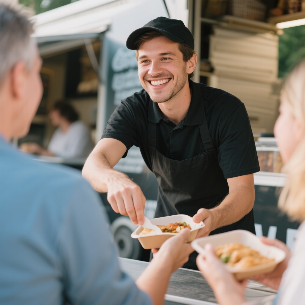 A friendly food truck employee serving eager customers with a smile.