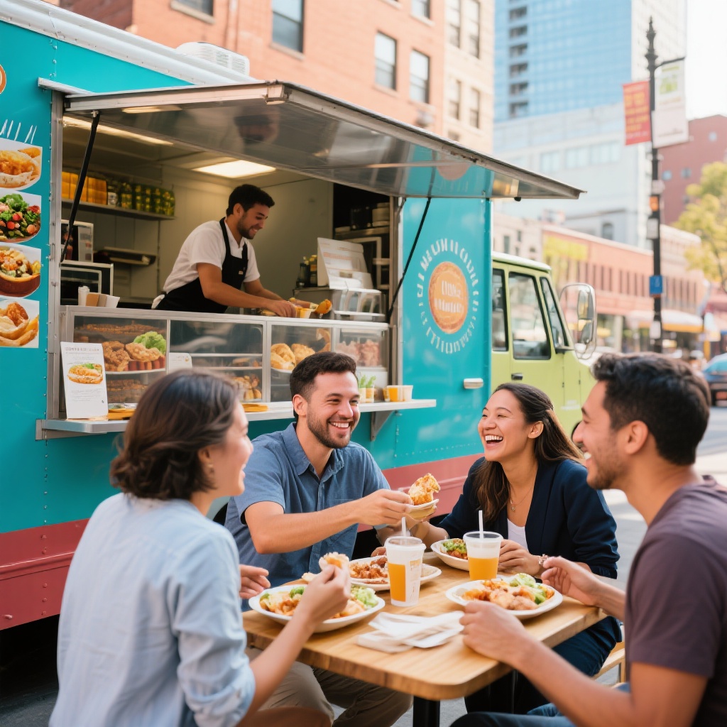 A group of happy diners enjoying their food at a food truck.