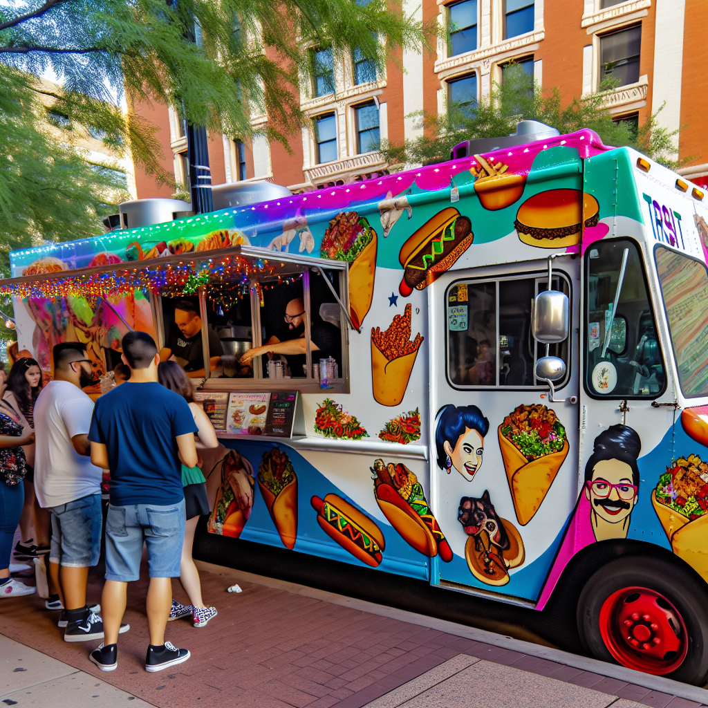 Vibrant food truck parked on a city street