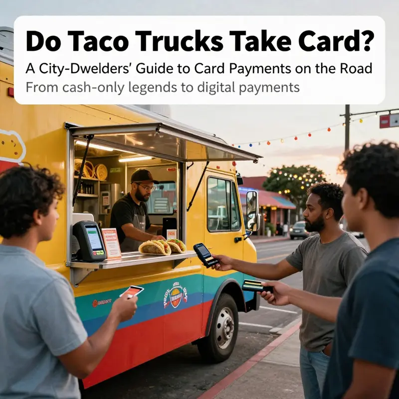 A taco truck on a city street offering card and mobile payments.