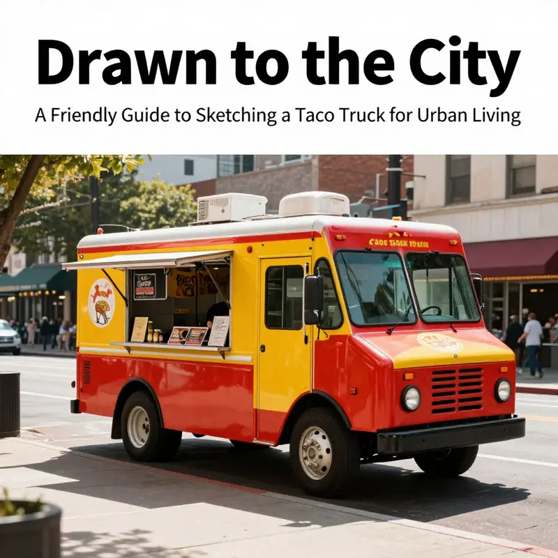Photorealistic depiction of a bright taco truck on a city street ready for drawing.
