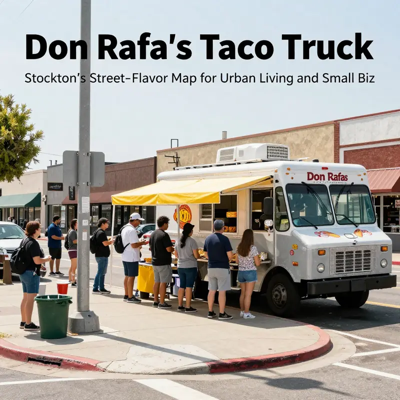 Don Rafa’s Taco Truck anchors a Stockton street corner, drawing locals and commuters into a shared lunchtime moment.