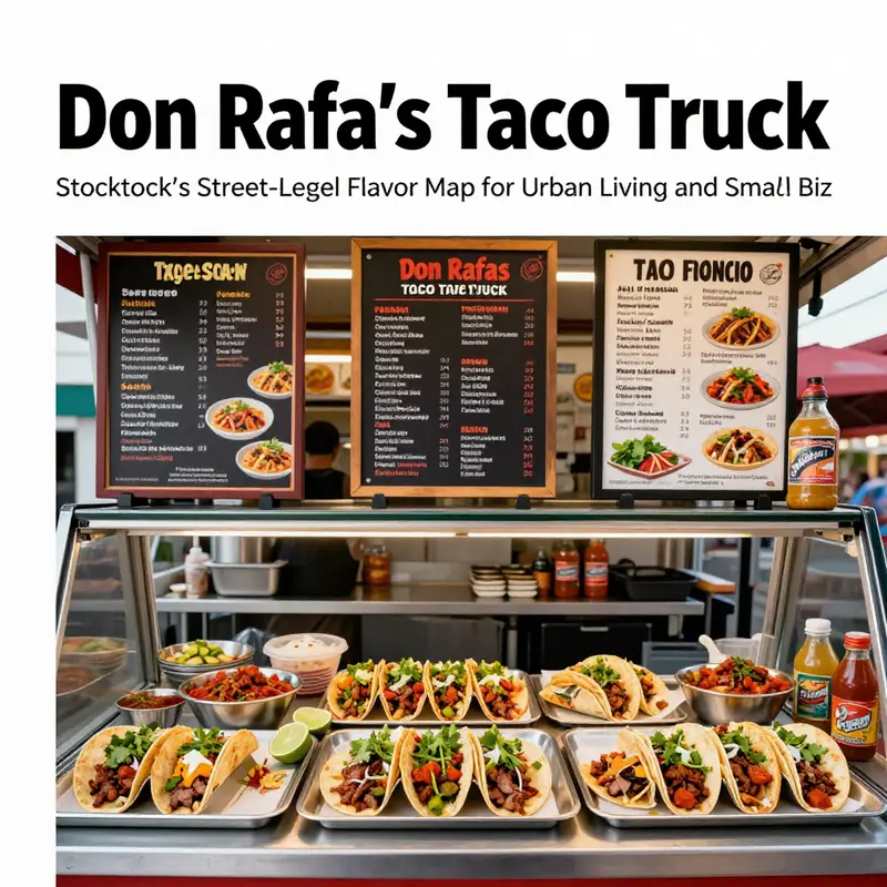 Don Rafa’s Taco Truck anchors a Stockton street corner, drawing locals and commuters into a shared lunchtime moment.
