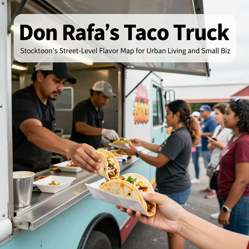 Don Rafa’s Taco Truck anchors a Stockton street corner, drawing locals and commuters into a shared lunchtime moment.