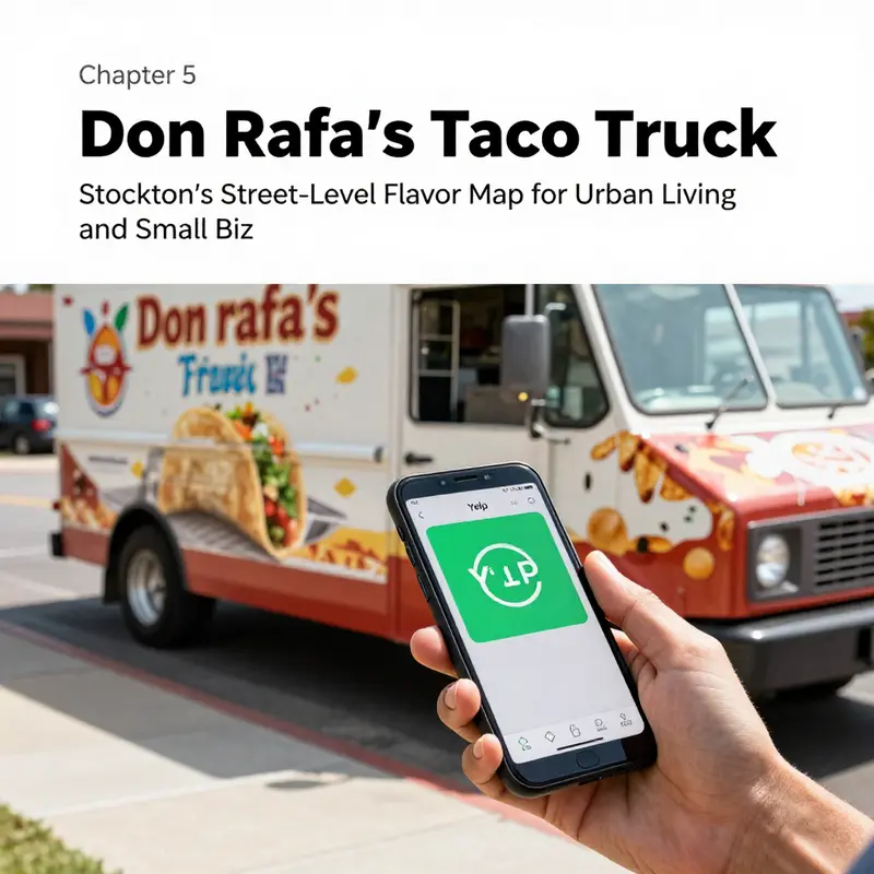 Don Rafa’s Taco Truck anchors a Stockton street corner, drawing locals and commuters into a shared lunchtime moment.