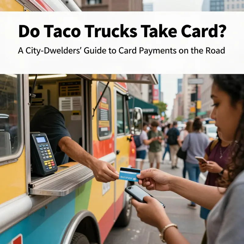 Card readers and mobile payments are visible as customers line up at a busy taco truck.