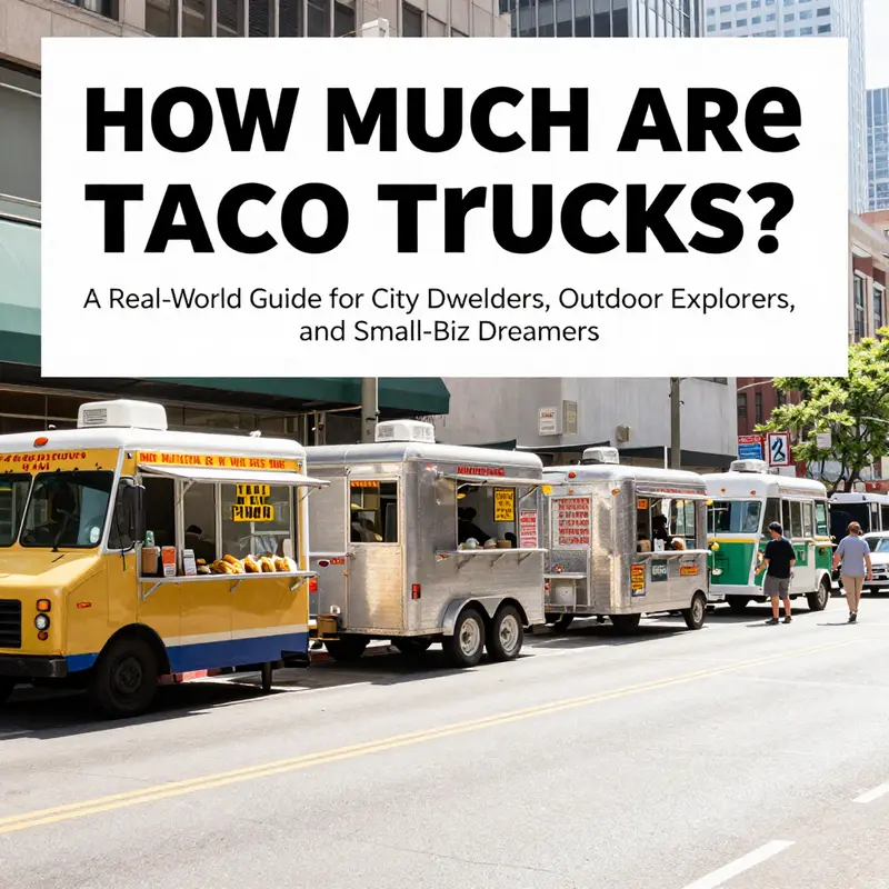 A spectrum of taco-truck options—from basic carts to premium trailers—demonstrating price diversity in a city setting.