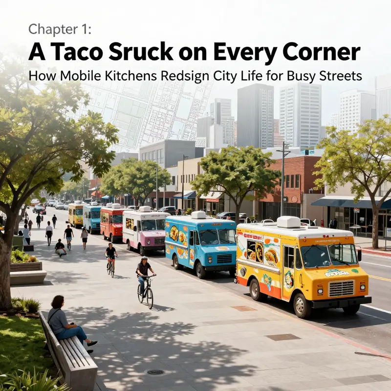 A busily planned street corner where taco trucks anchor a vibrant public space.