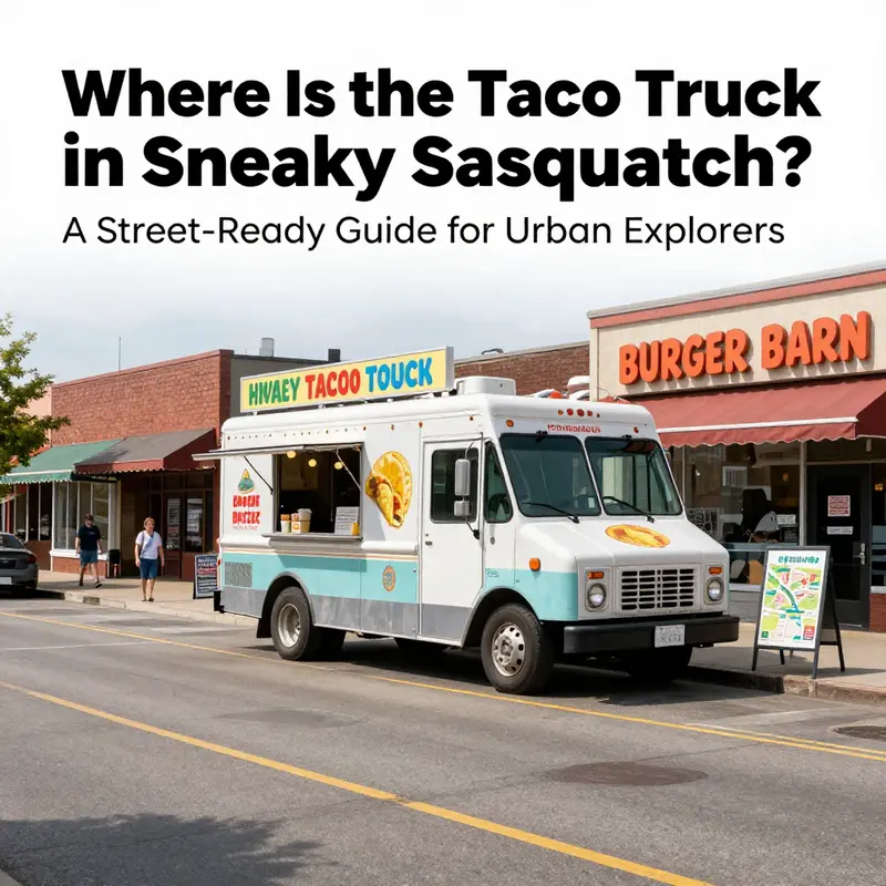 The taco truck sits on Main Street, squarely between Hometown Hardware and Burger Barn, establishing the precise core location for players.