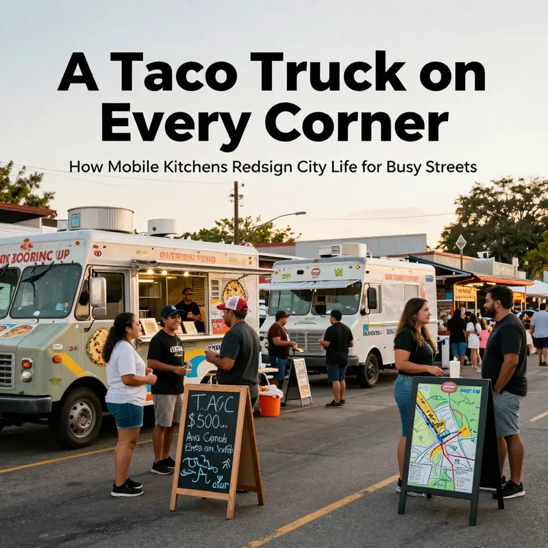 A busily planned street corner where taco trucks anchor a vibrant public space.