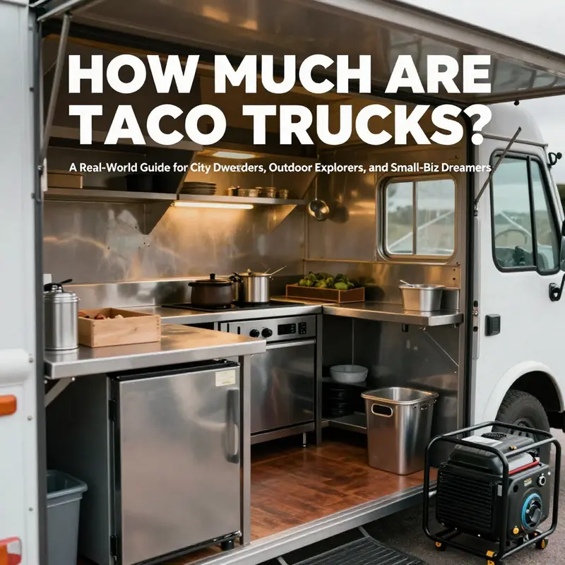 A spectrum of taco-truck options—from basic carts to premium trailers—demonstrating price diversity in a city setting.