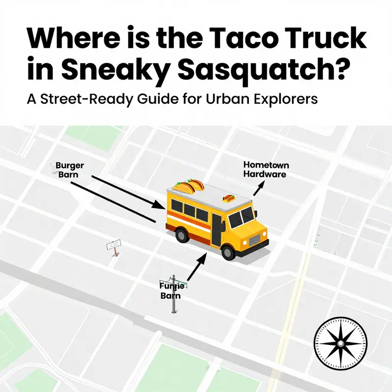 The taco truck sits on Main Street, squarely between Hometown Hardware and Burger Barn, establishing the precise core location for players.