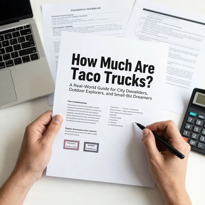 A spectrum of taco-truck options—from basic carts to premium trailers—demonstrating price diversity in a city setting.