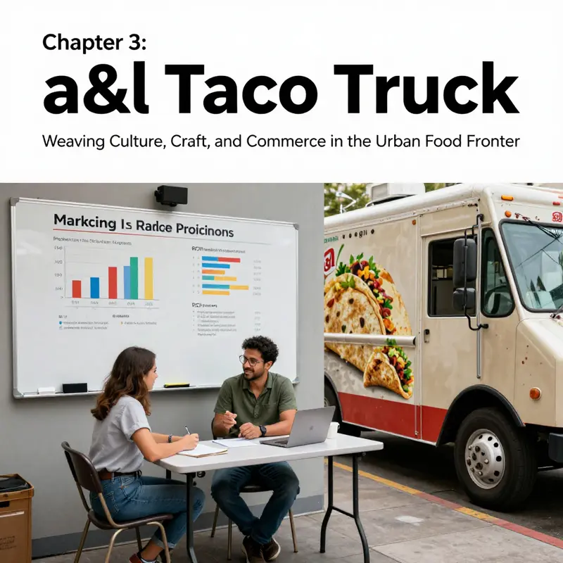 The a&l taco truck anchors urban culture through diverse crowds and a lively streetscape.