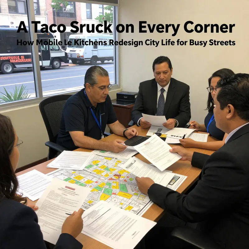 A busily planned street corner where taco trucks anchor a vibrant public space.