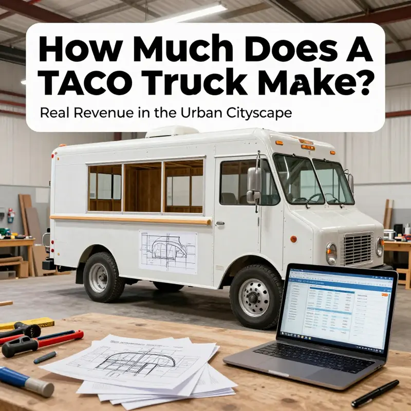 Urban taco truck in a high-traffic area showing revenue potential through busy lines and premium pricing.