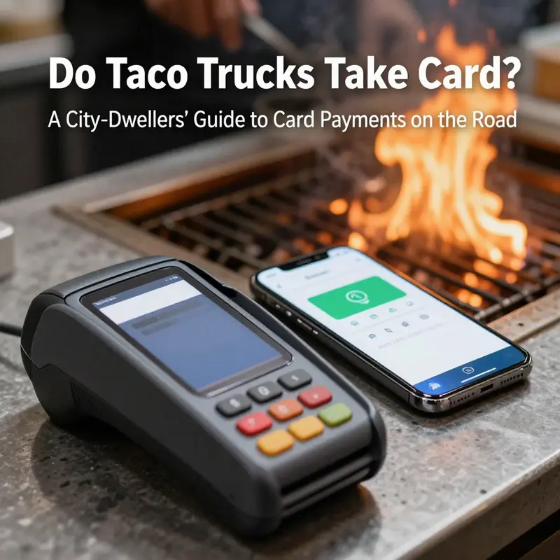 Card readers and mobile payments are visible as customers line up at a busy taco truck.
