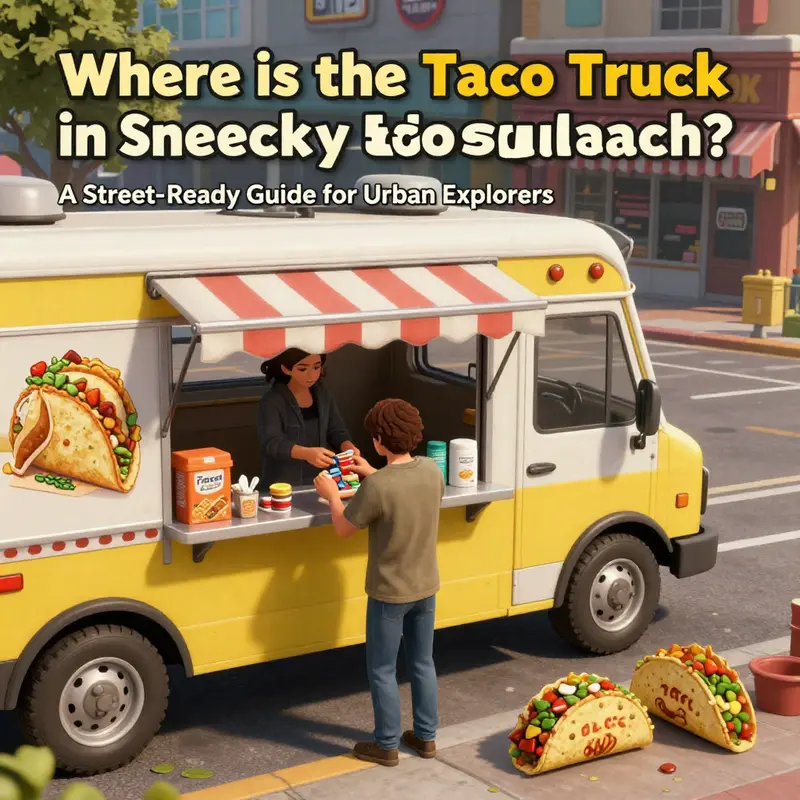 The taco truck sits on Main Street, squarely between Hometown Hardware and Burger Barn, establishing the precise core location for players.