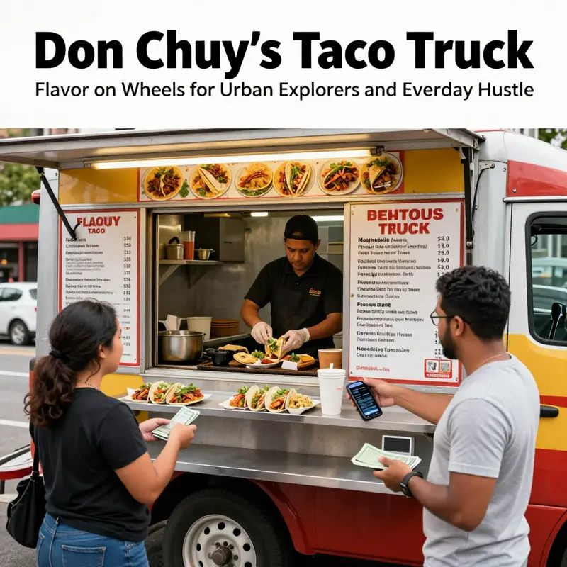 Don Chuy’s Taco Truck serves hot, authentic Mexican tacos to a mixed crowd in an urban morning lineup.