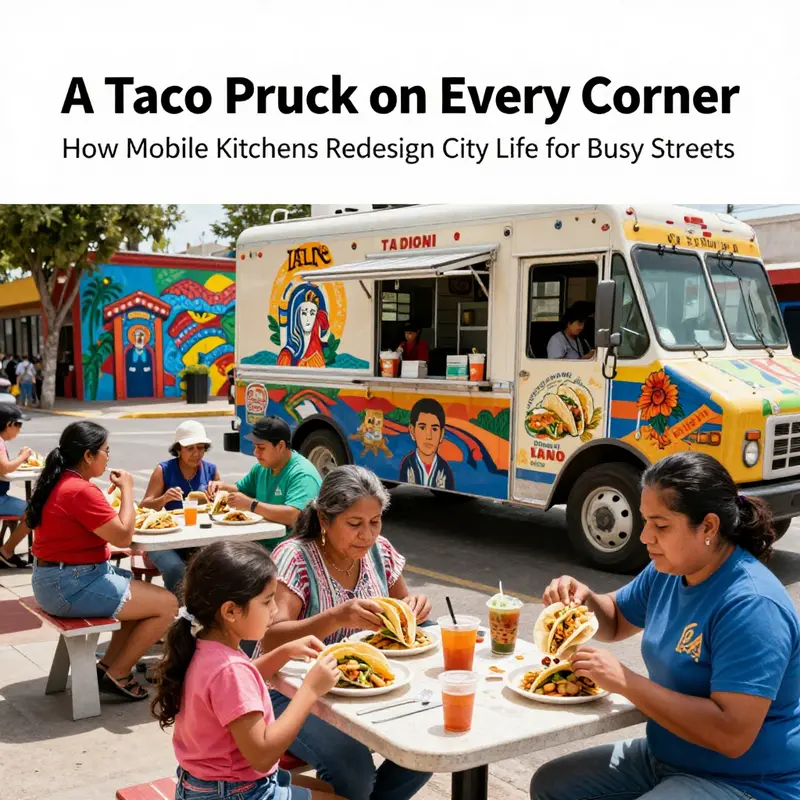 A busily planned street corner where taco trucks anchor a vibrant public space.