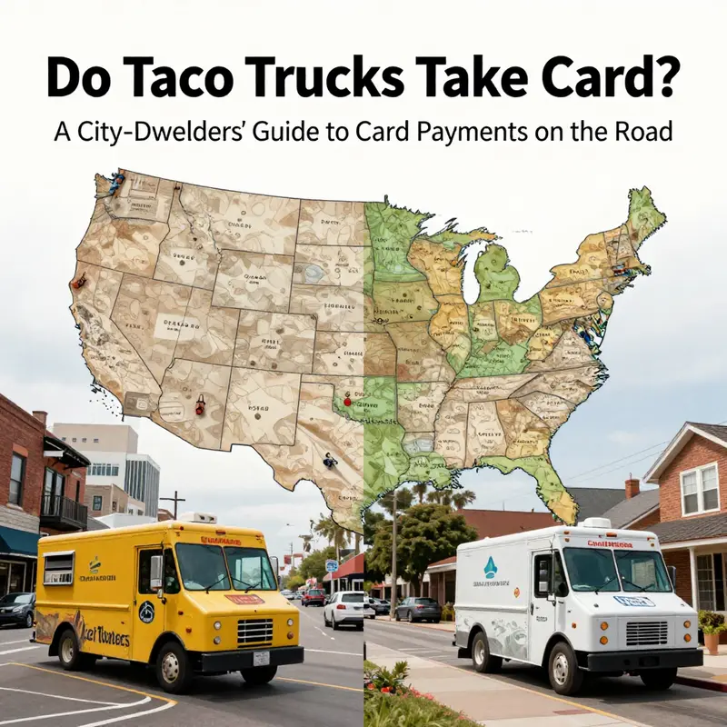 Card readers and mobile payments are visible as customers line up at a busy taco truck.