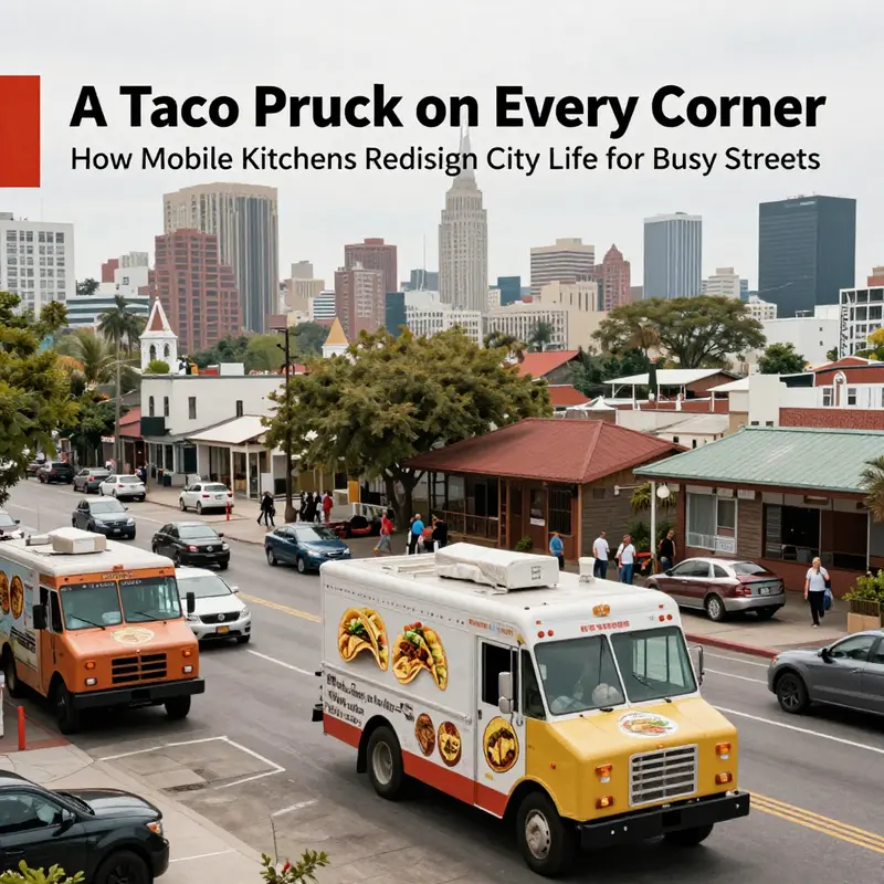 A busily planned street corner where taco trucks anchor a vibrant public space.