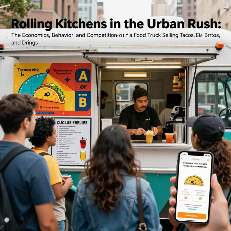 Chapter 1 illustration: an urban food truck serving tacos, burritos, and drinks, highlighting economics and day-to-day operations.