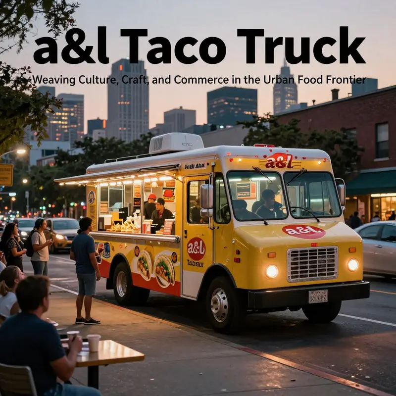 Photo-realistic cover image showing an a&l taco truck serving a diverse urban crowd against a city skyline.