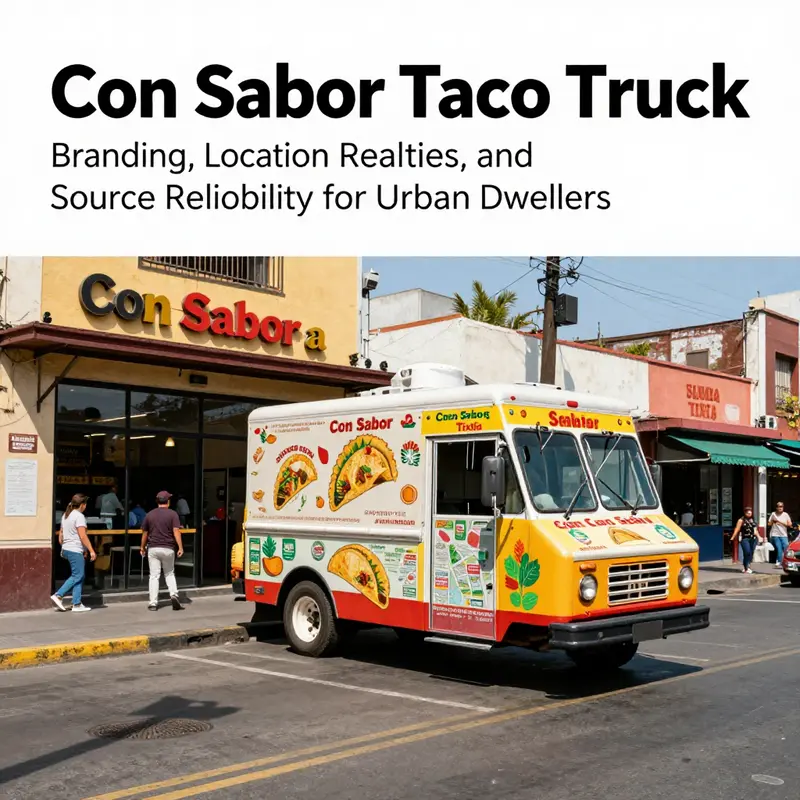 A vibrant street scene showing both a taco truck and a fixed restaurant to reflect con sabor taco truck's branding and real-world context.