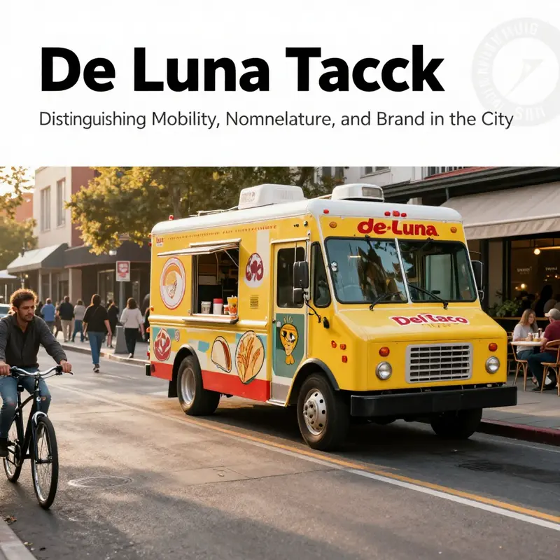 Photo-realistic image of a colorful taco truck named de luna taco truck on a city street during golden hour, with urban life around it.