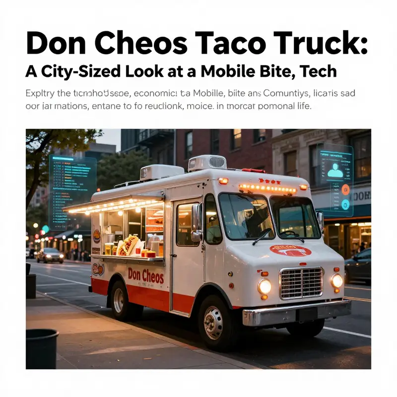 Urban street scene at dusk with a Don Cheos Taco Truck and digital overlays.