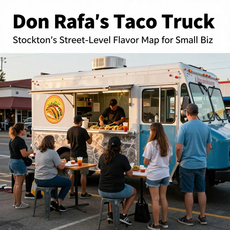 Photo-realistic cover image of Don Rafa's Taco Truck in Stockton with customers ordering and cooks preparing tacos outside.