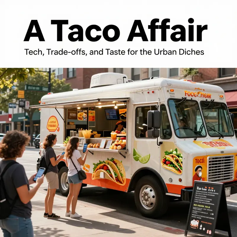 Urban taco truck with digital ordering, fresh ingredients, and a welcoming menu board.