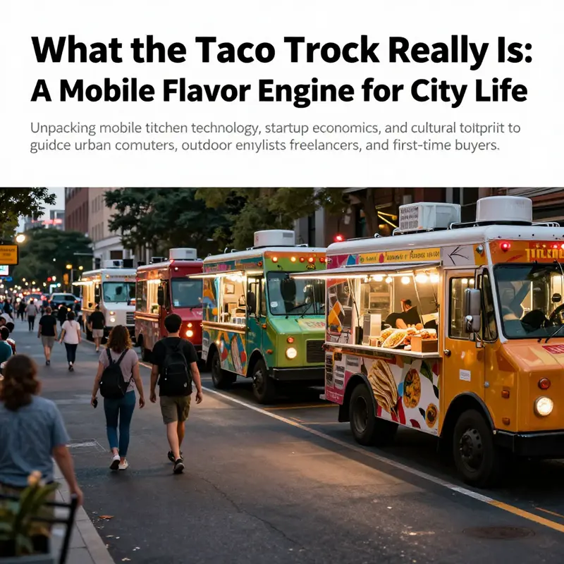 Dusk-lit city street lined with taco trucks and pedestrians, encapsulating mobile food culture.
