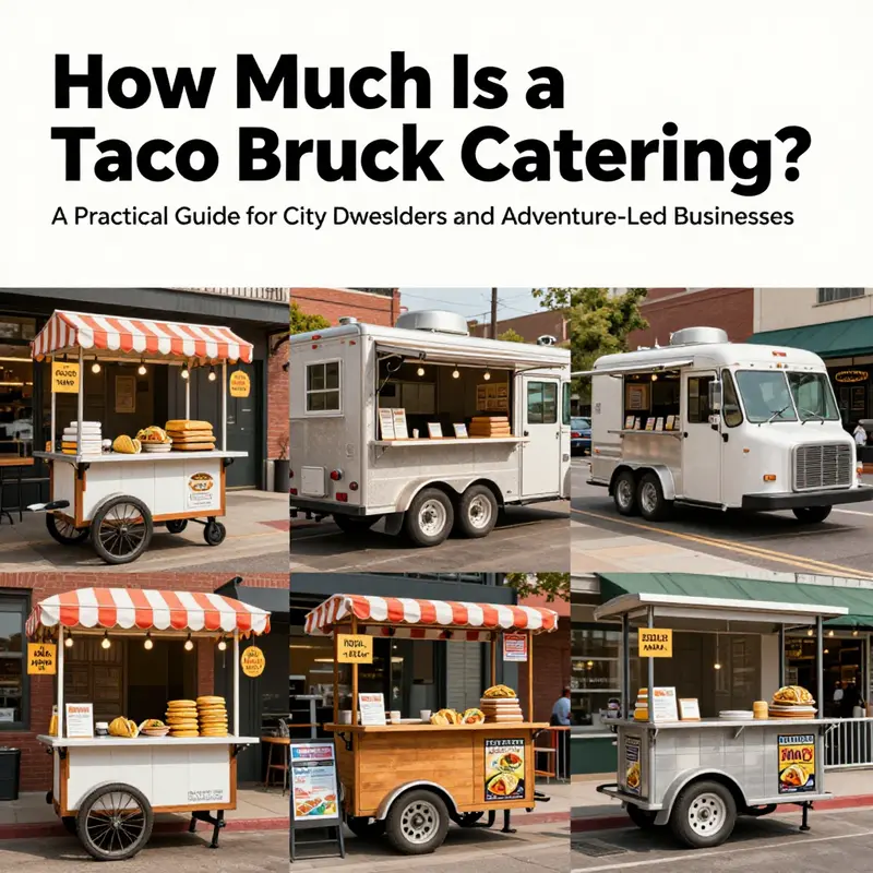 Diverse lineup of taco catering units in an urban plaza, illustrating entry-level to advanced options.
