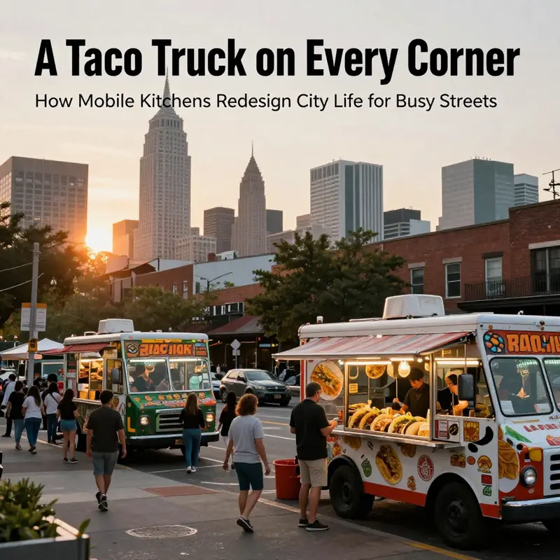 Cover image showing a lively street corner with several taco trucks and diverse people enjoying food in an urban setting.